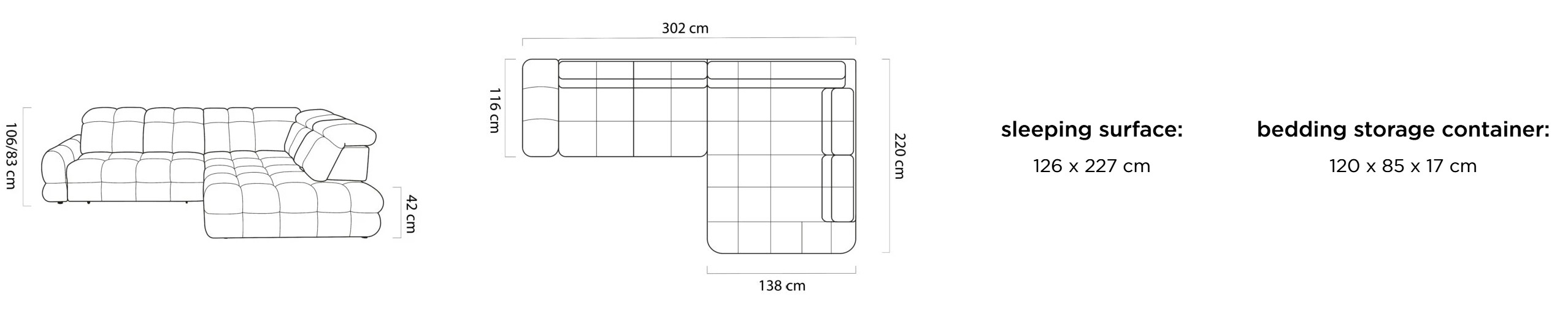 Technický nákres sedacej súpravy BELLUGA L s rozmermi 302 × 217 cm a plochou na spanie 126 × 227 cm.